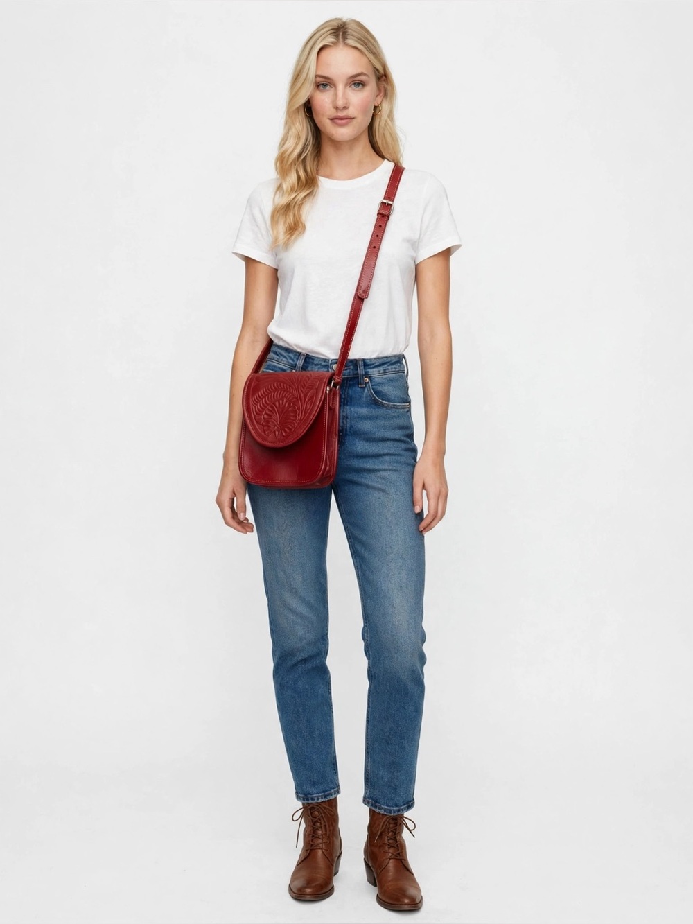 Women's Red Leather Crossbody Bag - Embossed Flap